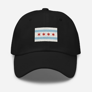 May include: Black baseball cap featuring the Chicago city flag embroidered on the front. The flag design includes three red stars and two light blue stripes on a white background. A classic, adjustable hat.