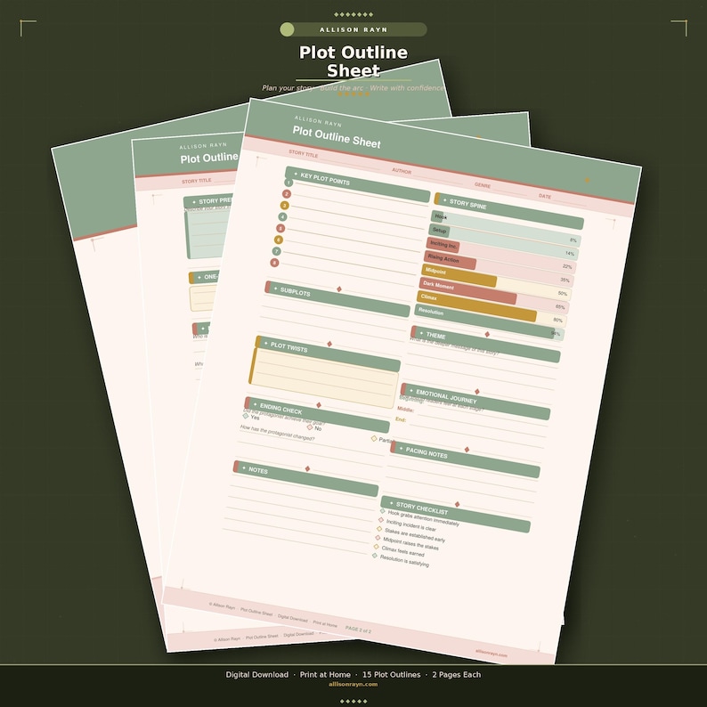 Peut inclure: Une pile de feuilles de plan d'intrigue Plot Outline Sheet en vert sauge, cr&egrave;me et orange sourd. Les pages comportent des sections pour les points cl&eacute;s, la structure, les intrigues secondaires, les rebondissements et une liste de contr&ocirc;le.