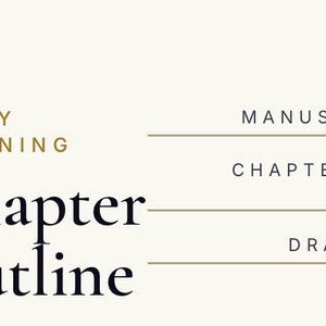 May include: A cream-colored story planning chapter outline template featuring black and gold text. The document includes fields for Manuscript Title, Chapter Number & Title, and Draft Version, organized with clean lines and professional typography.
