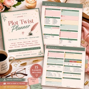Peut inclure: Un ensemble de planificateurs Plot Twist par Allison Rayn comprenant une page de couverture avec une plume, deux pages intérieures avec des sections pour les détails de l'histoire, les types de rebondissements et indices, un stylo doré et une tasse.