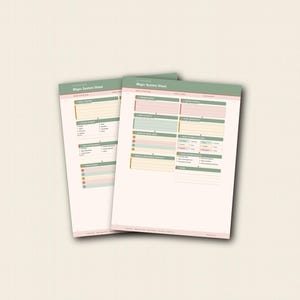 May include: Two pages of a Magic System Sheet digital download by Allison Rayn. The forms feature a sage green header, cream background, and pastel-coloured sections for organising magical rules, sources, costs, and limitations for world-building.
