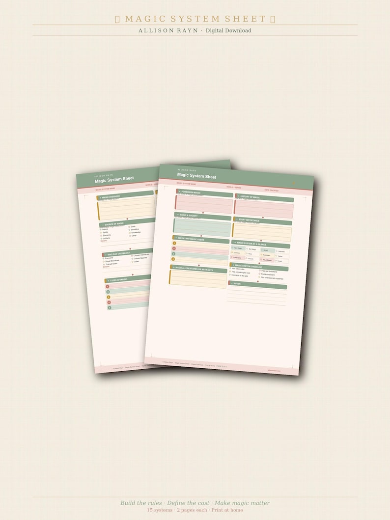 May include: Two pages of a Magic System Sheet digital download by Allison Rayn. The forms feature a sage green header, cream background, and pastel-colored sections for organizing magical rules, sources, costs, and limitations for world-building.