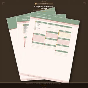 May include: A stack of three identical Chapter Summary Sheet templates in a soft sage green, cream, and muted pink color palette. Each page features sections for book title, chapter number, purpose, character development, setting, and plot notes.