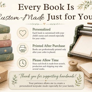 May include: A stack of five books with muted covers, a vintage book press, a spool of thread, a stack of paper, and a tool. Text reads: Every Book Is Custom-Made Just for You, Personalized, Printed After Purchase, Please Allow Time, Thank you for supporting handmade!