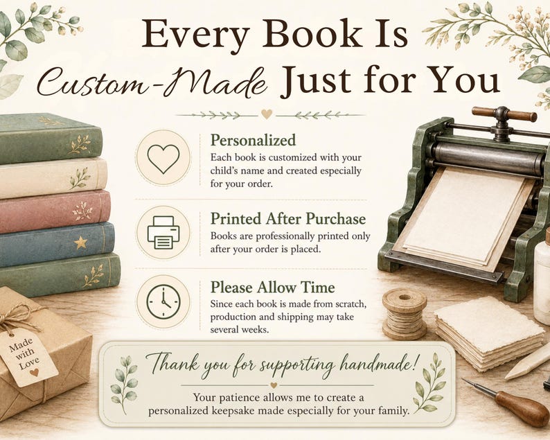 May include: A stack of five books with muted covers, a vintage book press, a spool of thread, a stack of paper, and a tool. Text reads: Every Book Is Custom-Made Just for You, Personalized, Printed After Purchase, Please Allow Time, Thank you for supporting handmade!