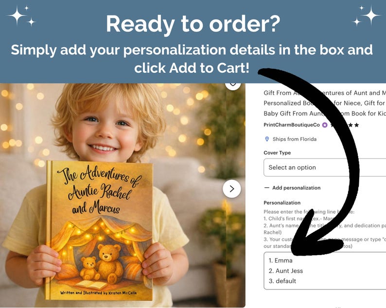 May include: A hardcover book titled The Adventures of Auntie Rachel and Marcus with an illustration of two teddy bears inside a glowing tent. The book cover includes the text Written and Illustrated by Kristen McCalla and is held by a child.