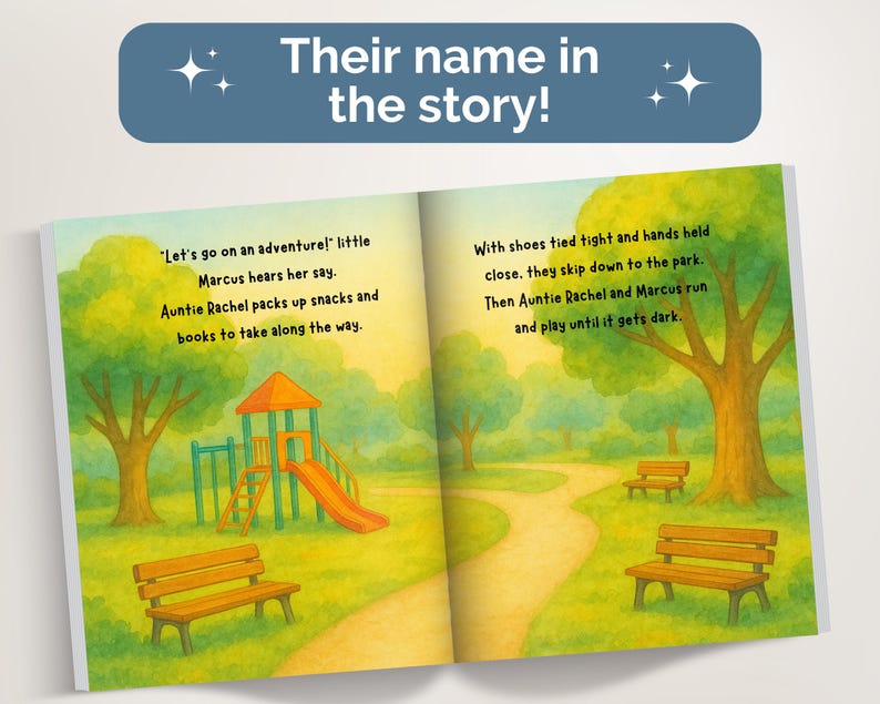 May include: An open children's storybook with a blue banner at the top reading "Their name in the story!". The pages feature a watercolor illustration of a park with a playground, benches, and a path, accompanied by text about Marcus and Auntie Rachel.