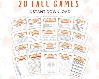May include: A set of 20 printable fall games, each with the words "FALL GAMES". The text "20 FALL GAMES" and "INSTANT DOWNLOAD" are at the top. The games include word puzzles, scavenger hunts, and trivia, all with a fall theme and graphics.