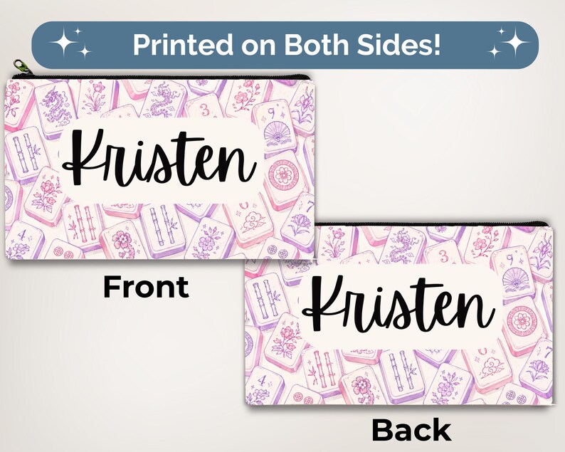 May include: A rectangular zippered pouch featuring a repeating pattern of purple and pink mahjong tiles with floral and dragon motifs. A white central label displays the name Kristen in black script. The pouch is shown from both sides.