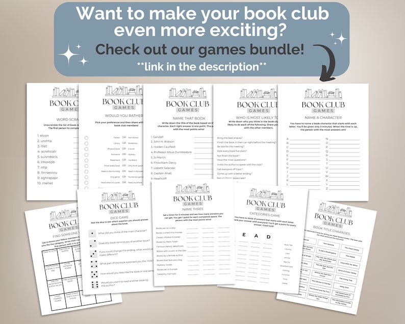 Puede incluir: Un conjunto de juegos de club de lectura imprimibles con t&iacute;tulos como "Sopa de letras", "&iquest;Preferir&iacute;as...", "Nombra ese libro", "&iquest;Qui&eacute;n es m&aacute;s probable que...", "Nombra un personaje", "Encuentra a alguien que", "Juego de dados", "Nombra tres", "Juego de categor&iacute;as" y "Adivina el t&iacute;tulo del libro".