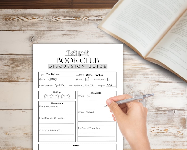Puede incluir: Una gu&iacute;a de discusi&oacute;n de club de lectura imprimible en blanco y negro con el t&iacute;tulo "Gu&iacute;a de discusi&oacute;n del club de lectura" y el t&iacute;tulo del libro "La heredera" de Rachel Hawkins. La gu&iacute;a incluye secciones para la calificaci&oacute;n, los personajes, los pensamientos y las notas.