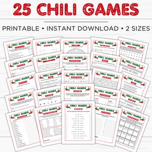 May include: A set of 25 printable chili-themed games. The games include word searches, crosswords, and other fun activities. The games are perfect for a chili cook-off or party.