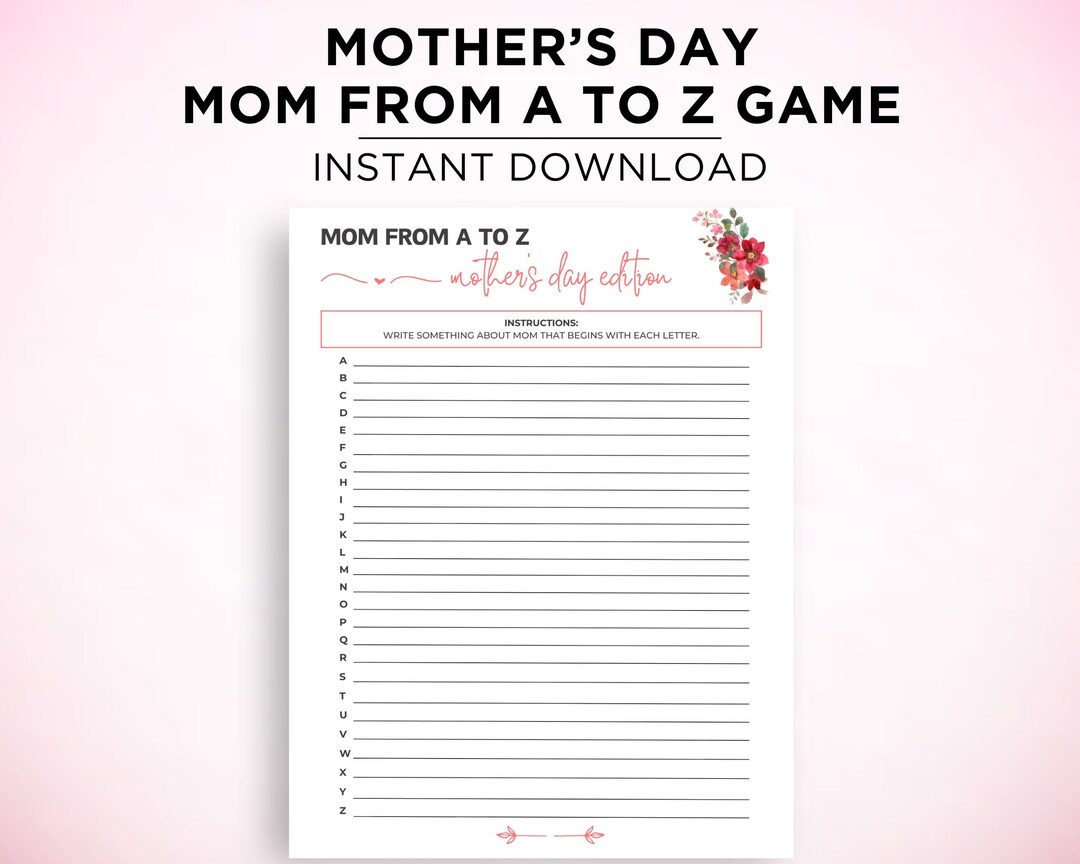Mother's Day A-Z Game, Mother's Day Mom From A to Z Game, Mother's Day ...