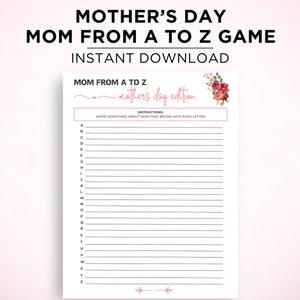Mother&#39;s Day A-Z Game, Mother&#39;s Day Mom From A to Z Game, Mother&#39;s Day Games, Mother&#39;s Day Activity, Mother&#39;s Day Party Game, Alphabet Game