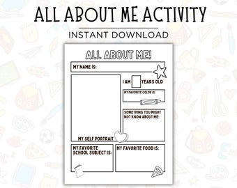 All About Me Printable, All About Me Worksheet, Back to School, Get to Know Me, Coloring Page, First Day of School All About Me for Kids