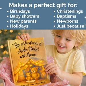 May include: A hardcover book titled The Adventures of Auntie Rachel and Marcus, featuring an illustration of two teddy bears inside a glowing tent. The text on the cover includes the title and the author's name, Written and Illustrated by Kristen McCalla.