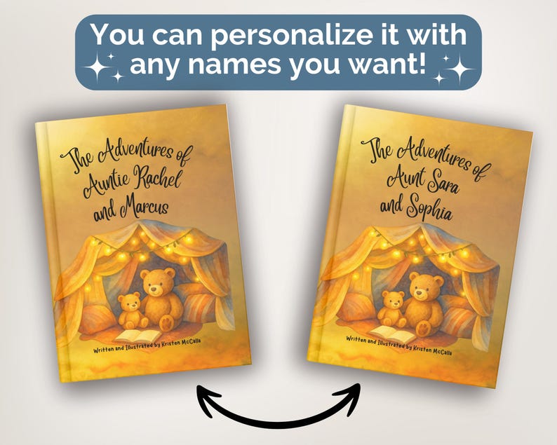 May include: Two hardcover books with yellow covers featuring an illustration of two teddy bears inside a blanket fort with string lights. The text reads The Adventures of Auntie Rachel and Marcus and The Adventures of Aunt Sara and Sophia.