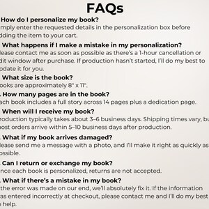 May include: An informational graphic titled FAQs with black text on a light background. It lists eight numbered questions and answers regarding book personalization, production times, page counts, shipping, returns, and error resolution policies.