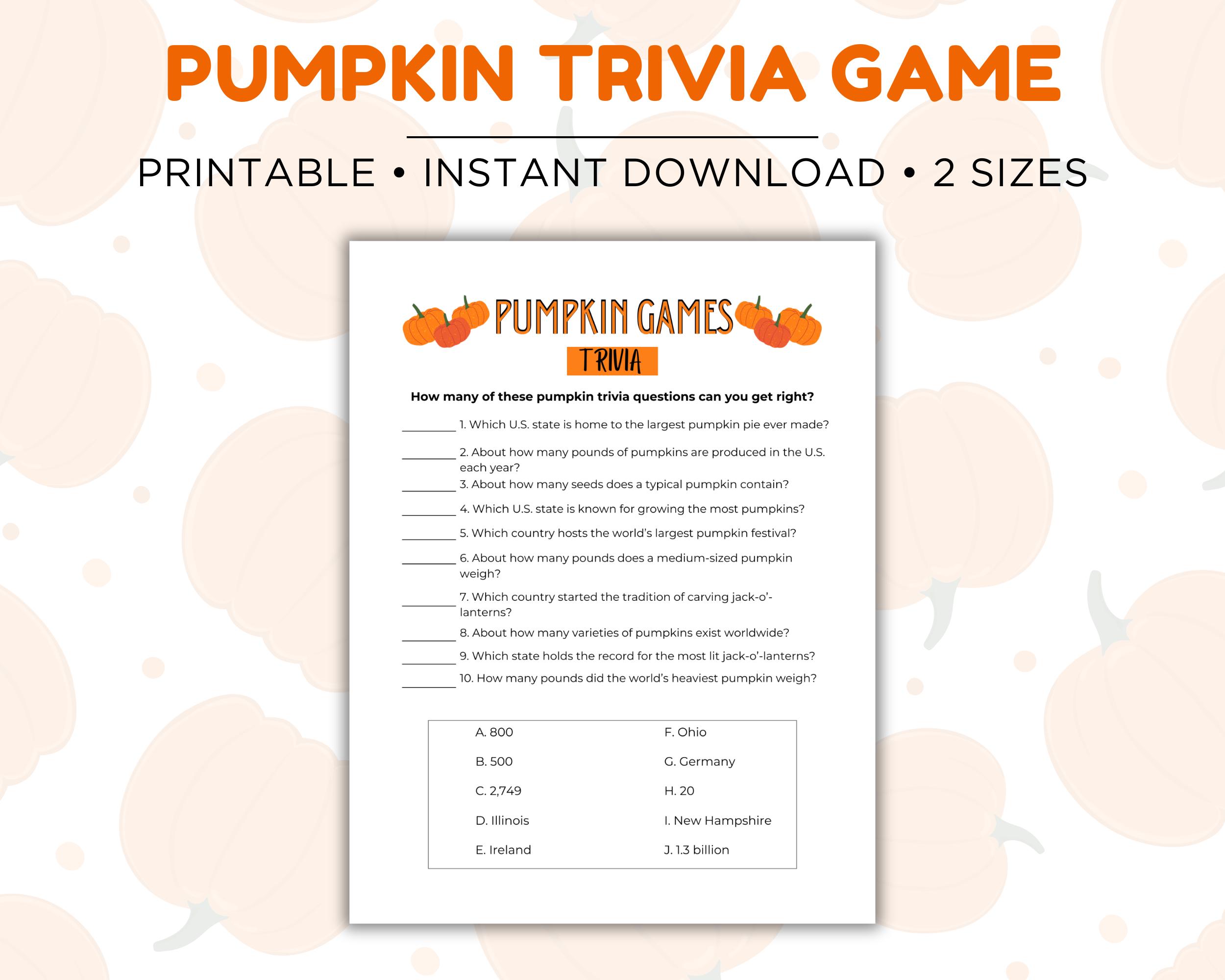 Pumpkin Trivia Game, Pumpkin Trivia, Pumpkin Printable Trivia, Pumpkin ...