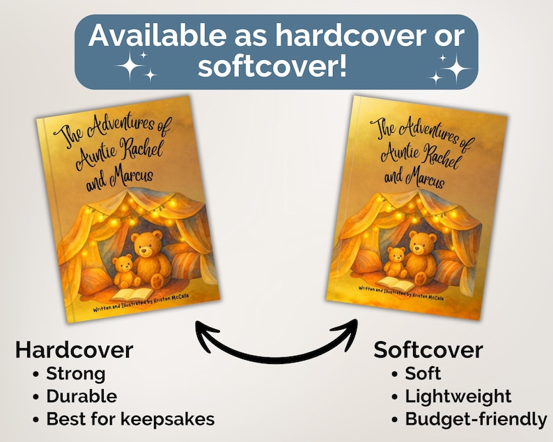 May include: Two copies of the book titled The Adventures of Auntie Rachel and Marcus, featuring an illustration of two teddy bears in a blanket fort with string lights. Text indicates availability in hardcover and softcover formats.