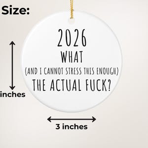 May include: A white ceramic ornament with the text "2026 WHAT (AND I CANNOT STRESS THIS ENOUGH) THE ACTUAL FUCK?" in black. The ornament is 3 inches in diameter and has a gold string for hanging.