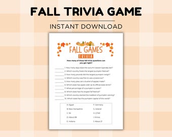 May include: A printable fall trivia game with the text "Fall Trivia Game" and "Instant Download". The game includes trivia questions about the autumn season, pumpkins, and related topics. The design features orange and yellow autumn leaves and pumpkins.