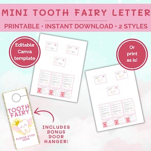 Mini carta para el Hada de los Dientes, kit con sobre, recibo y carta, mini nota para el Hada de los Dientes, carta imprimible y editable para el Hada de los Dientes.