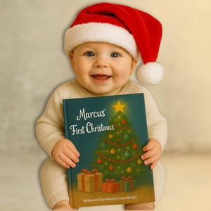 May include: A baby wearing a red and white Santa hat and a cream-colored long-sleeved outfit holds a hardcover book titled Marcus' First Christmas. The book cover features a green Christmas tree with ornaments, a yellow star, and gifts.