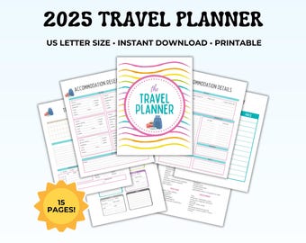 May include: A printable 2025 travel planner with 15 pages. The cover features a colorful design with the text "The Travel Planner" in a circle. The planner includes sections for accommodation details, packing lists, and other travel planning information.