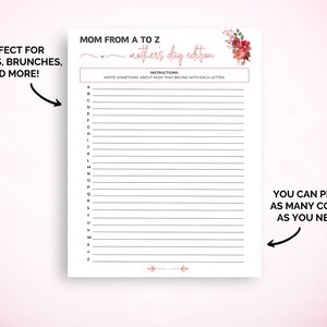 Mother's Day A-Z Game, Mother's Day Mom From A to Z Game, Mother's Day ...