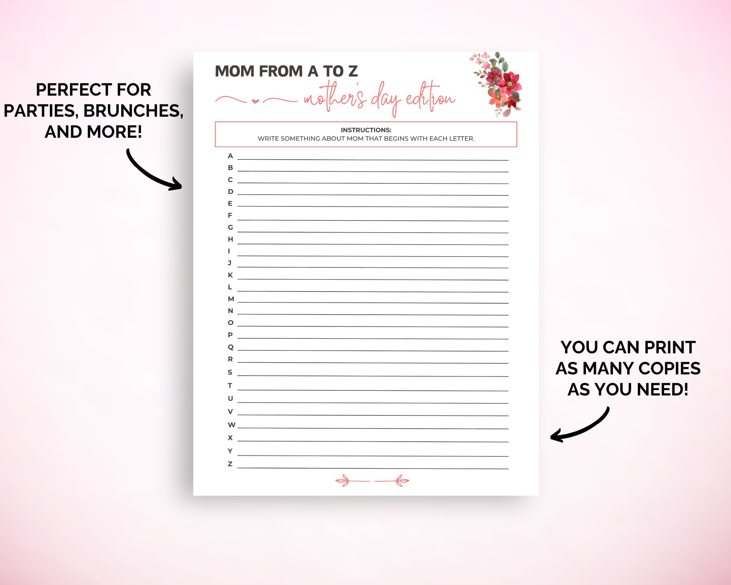 Mother's Day A-Z Game, Mother's Day Mom From A to Z Game, Mother's Day ...