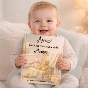 May include: A smiling baby holds a book titled "Marcus' First Mother's Day With Mommy." The book cover features an illustration of a rocking chair with a teddy bear and a stuffed animal dog. The baby is wearing a light-colored onesie.