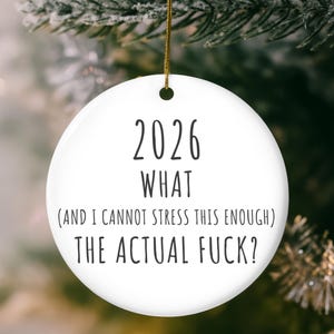 May include: White ceramic Christmas ornament with the text "2026 WHAT (AND I CANNOT STRESS THIS ENOUGH) THE ACTUAL FUCK?" in black. The ornament hangs from a gold string against a blurred background of a Christmas tree.