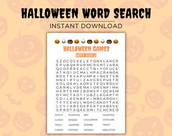 Op de afbeelding: Een printbare Halloween-woordzoeker met een lijst met Halloween-themawoorden om te vinden. De woorden zijn onder andere heks, pompoen, vleermuis, spookachtig, geest, spin, ketel, kostuum, truc, vampier, zombie, traktatie, snoep, drankje, griezelig en skelet.