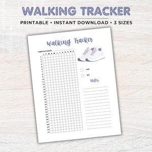 以下が含まれることがあります： Walking Trackerと書かれた白い印刷可能なウォーキング記録シート。JからDまでの月が記された時間と距離のグリッド、白と青のスニーカーのイラスト、はい・いいえのチェックボックス、横線が入ったメモ欄が配置されています。