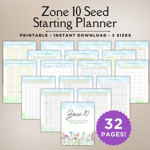 Könnte beinhalten: Eine Sammlung druckbarer Gartenplaner mit dem Text "Zone 10 Seed Starting Planner". Die Seiten haben ein Aquarelldesign mit Blau- und Grüntönen. Der Planer umfasst 32 Seiten und ist in 3 Größen erhältlich.