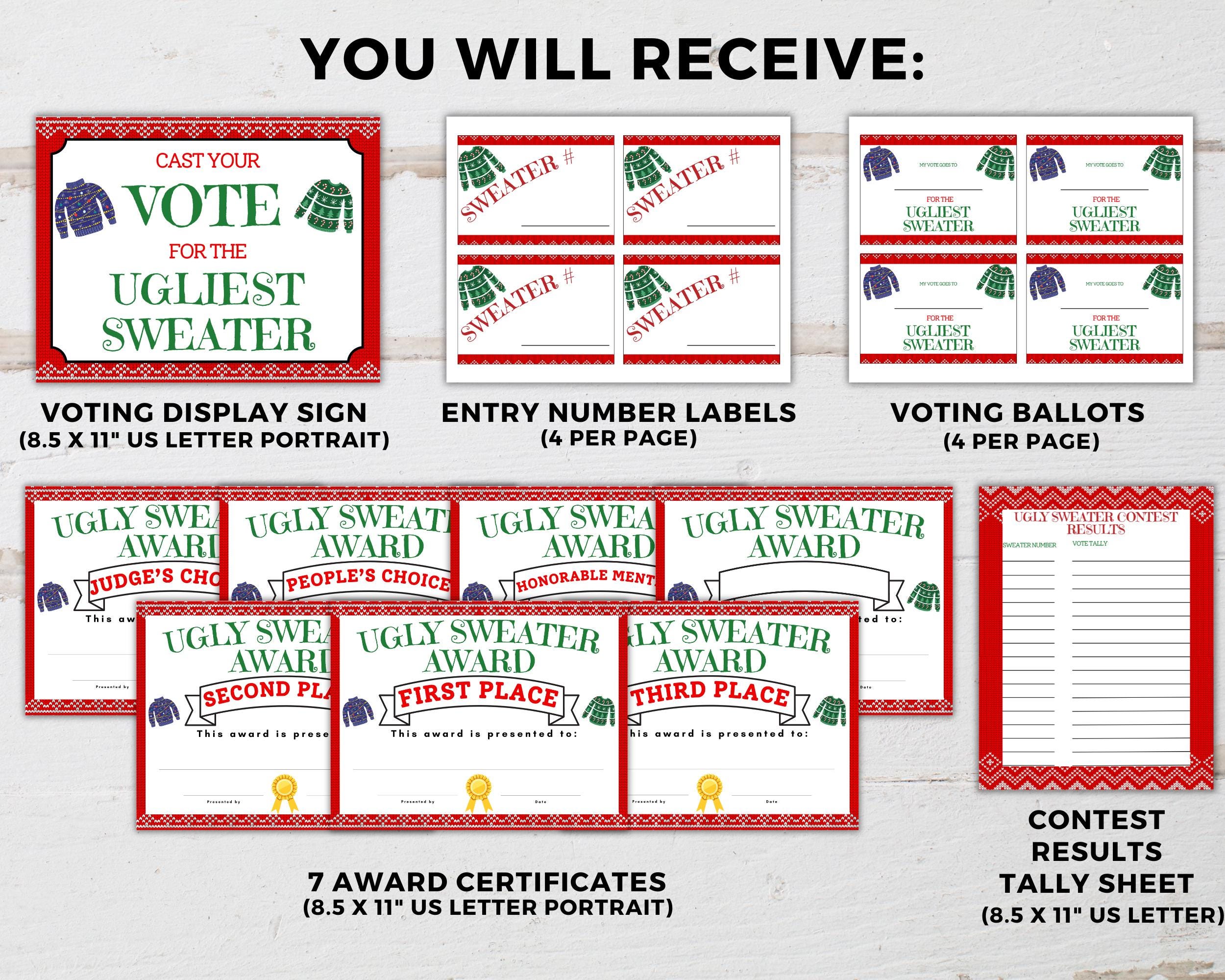 Ugly Sweater Contest Kit, Ugly Sweater Voting, Ugly Sweater Ballots ...