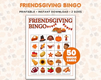 Könnte beinhalten: Ein druckbares Friendsgiving Bingo-Spiel mit dem Titel "Friendsgiving Bingo" oben. Das Spiel enthält 50 einzigartige Karten mit Thanksgiving-Themen wie Kürbissen, Truthahn und Kuchen. Der Text "Printable • Instant Download • 2 Sizes" ist ebenfalls enthalten.