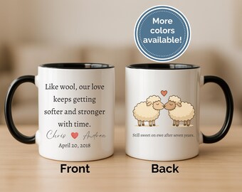 May include: White ceramic mug with a black handle and rim. The front of the mug has text that reads "Like wool, our love keeps getting softer and stronger with time." The back of the mug has a cartoon of two sheep kissing.