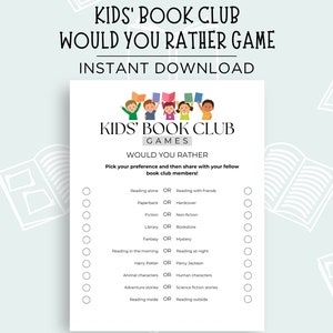 Kids Book Club Would You Rather Game, Kids Book Club Icebreaker Game, Kids Book Club Games, Book Club Party Game, Children&#39;s Book Club Game