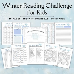 Può includere: Una sfida di lettura invernale stampabile per bambini con 10 pagine. Le pagine includono un certificato di merito, un registro di lettura e schede di bingo. Le pagine sono decorate con un tema invernale e fiocchi di neve.