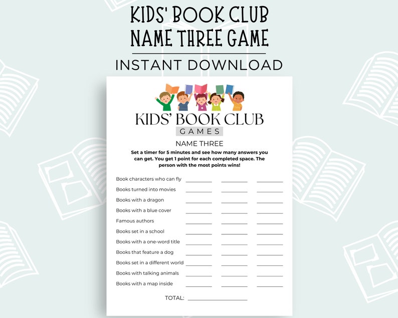 Kids Book Club Name Three Game, Kids Book Club Think Fast Game, Kids ...