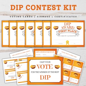 Könnte beinhalten: Ein Dip-Contest-Kit mit orangefarbenen und weißen Karten, Schildern und Zertifikaten. Das Kit enthält Wahlkarten, Ergebnislisten und eine Auszeichnung für den ersten Platz. Auf dem Schild steht "Stimmen Sie für den Gewinner des besten Dips".