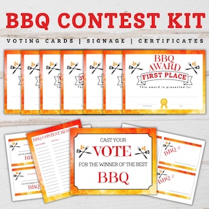 BBQ-wedstrijdkit, kookwedstrijd, afdrukbare stemming, afdrukbare prijzen, barbecue in de achtertuin 4 juli BBQ-barbecuewedstrijd Barbecuecertificaat