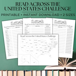 May include: Printable "Read Across the United States Challenge" checklist with a map of the United States, a list of states, and a space to write book titles and ratings.