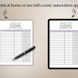 May include: A printable book club reading log with a black and white design. The log has columns for book title, author, date finished, and rating. The rating column has a grid of stars for the reader to fill in.