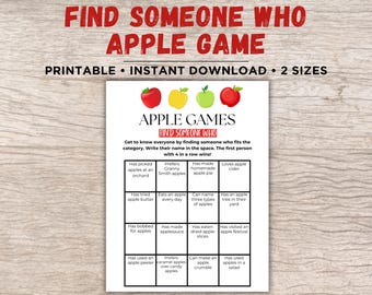 Gioco Apple "Trova qualcuno che", Gioco Apple, Attività Apple, Gioco Apple Party, Impara a conoscere il Bingo, Gioco Apple rompighiaccio, Gioco Apple stampabile