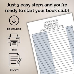 May include: Printable book club tracker with a black and white illustration of stacked books. The tracker has columns for book title, author, and genre.