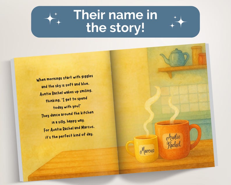 May include: An open children's book with a yellow page featuring text about Auntie Rachel and Marcus, and an illustration page showing two steaming mugs labeled Marcus and Auntie Rachel on a wooden counter with a blue teapot on a shelf.