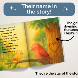 May include: An open children's book with watercolor illustrations of a yellow bird and a red bird perched on a tree branch. The page features text about Marcus and Auntie Rachel, with a heart carved into the tree trunk. Text overlays read: Their name in the story!, The gentle rhyming story features your child's name., and They're the star of the story!